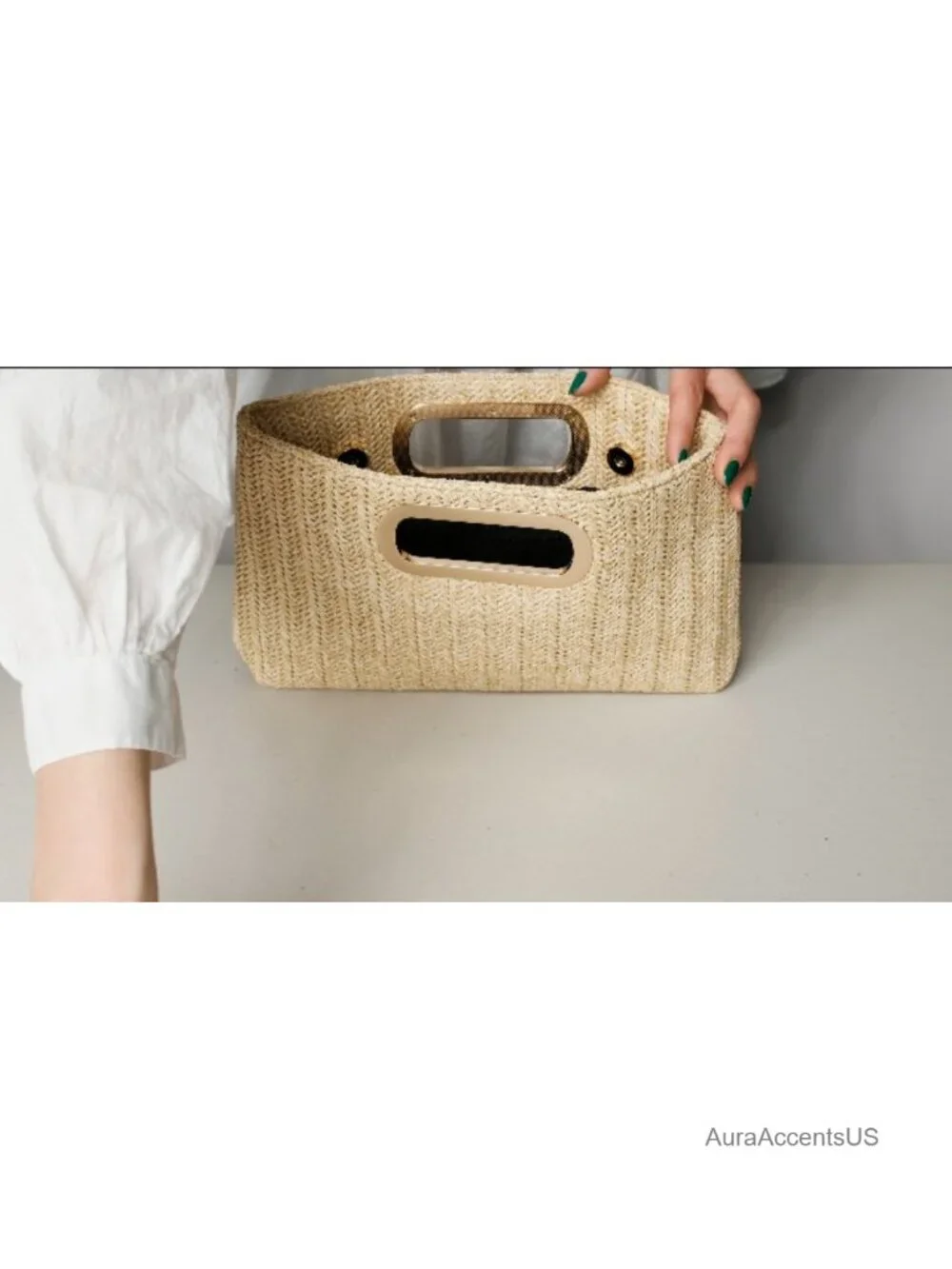 Woven Straw Top Handle Clutch with Detachable Chain